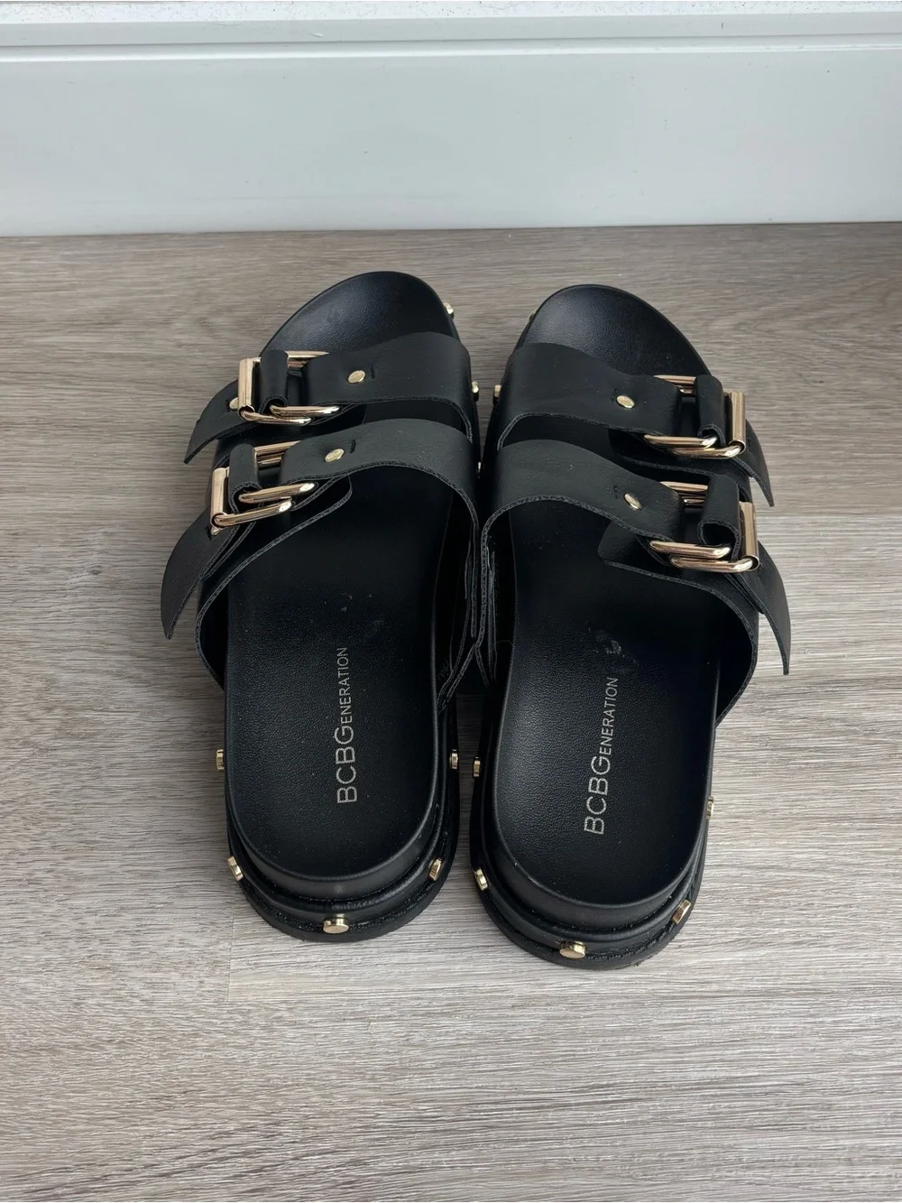 BCBGeneration Black Double Buckle Studded Slide Sandal - Picture 5 of 6